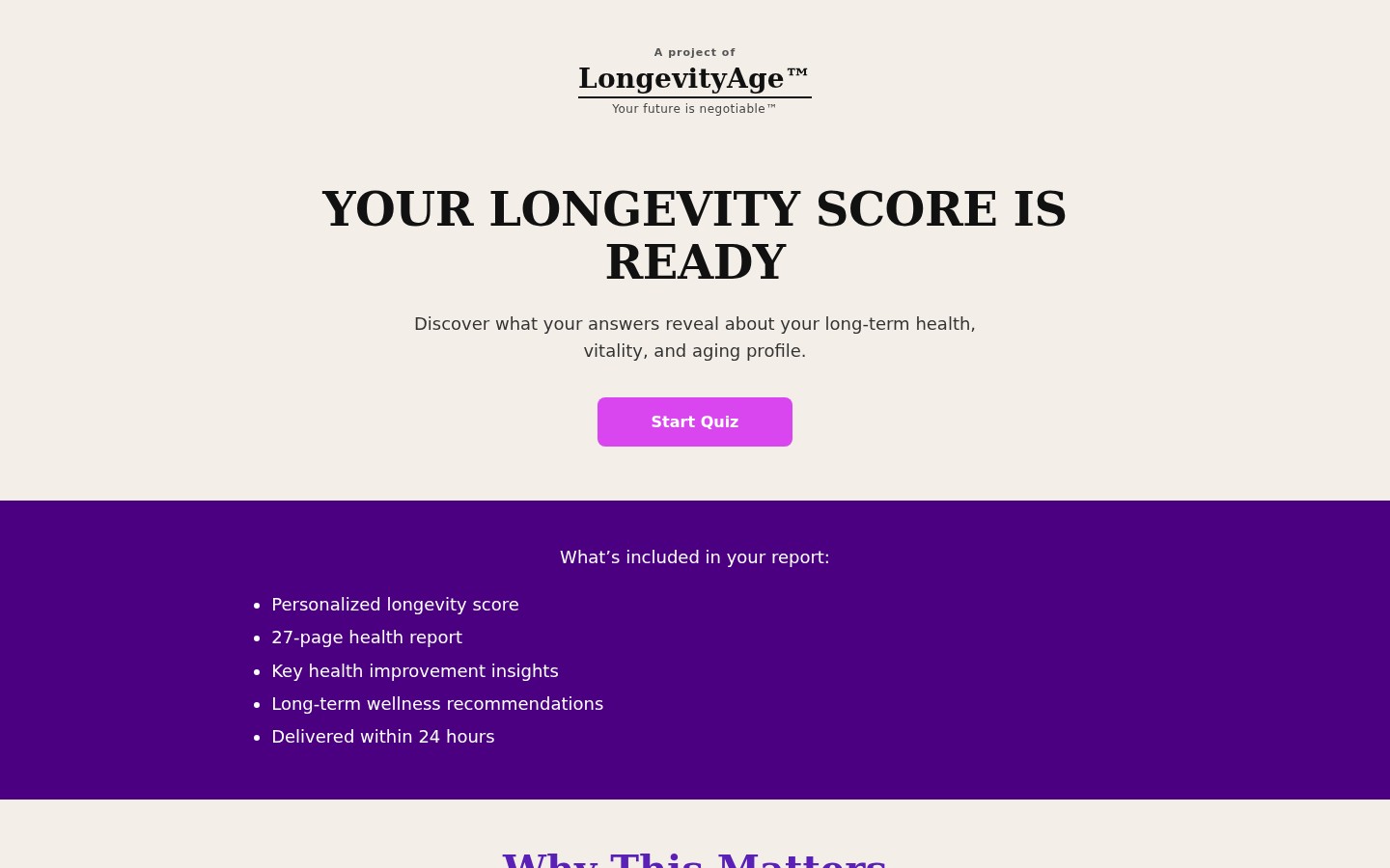 LongevityAge Score & Quiz Funnel — LongevityAge
